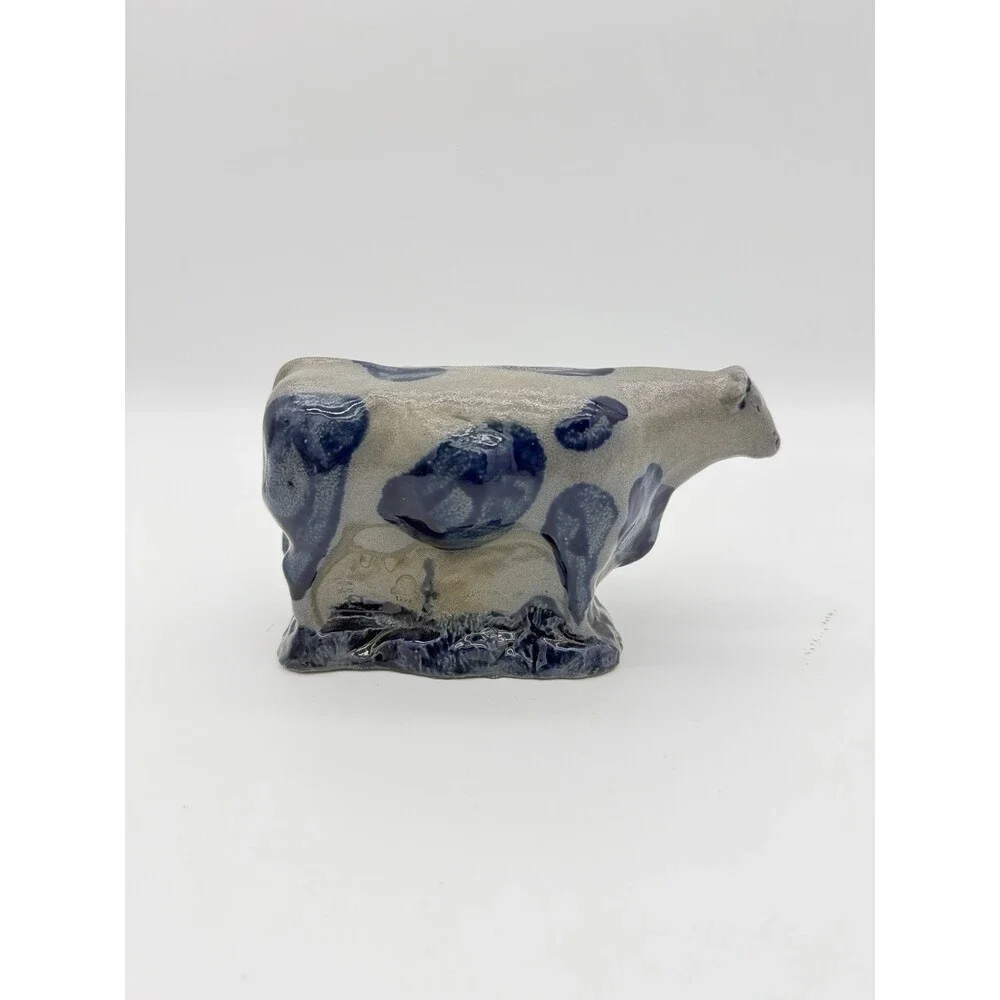Rowe Art Pottery Salt Glaze Works Blue Holstein Cow Figurine 1990 Vintage USA